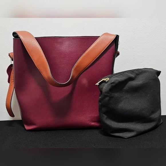 Women's Black and Maroon Leather Bucket Bag - Picture 1 of 11